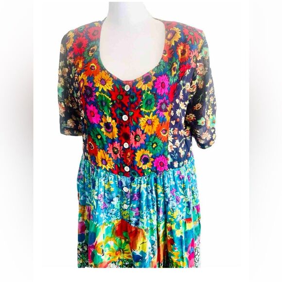 La Cera Dress tiered daisy floral patchwork gauze festive comfy women’s S - Picture 2 of 5